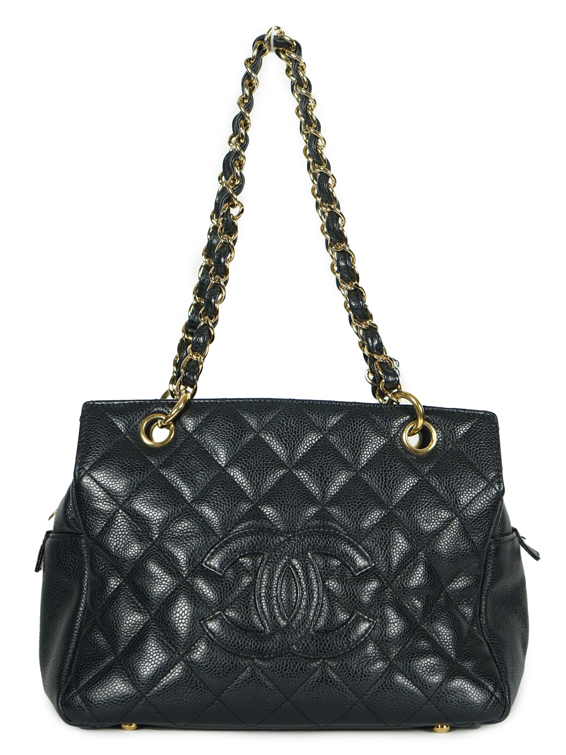 A Chanel Classic Petit Timeless Tote in black caviar with gold hardware, width 26cm, height 19cm, height overall 41cm, depth 13cm., Please note this lot attracts an additional import tax of 20% on the hammer price